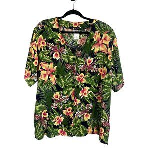 Retro Colorful Floral Shirt Green XL Tropical Preppy Resort Animal Print Cruise